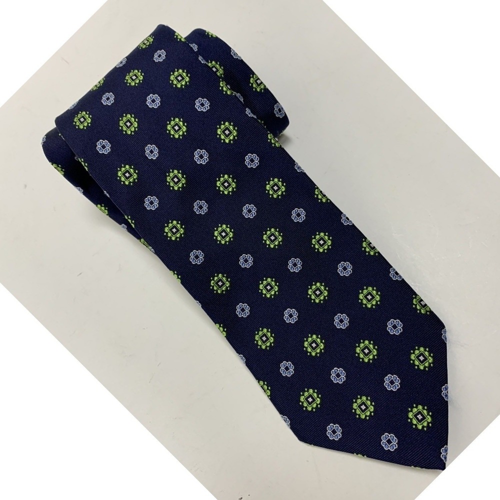 Brooks Brothers Silk Tie Men Navy Blue Geometric Medallion Classic Preppy
